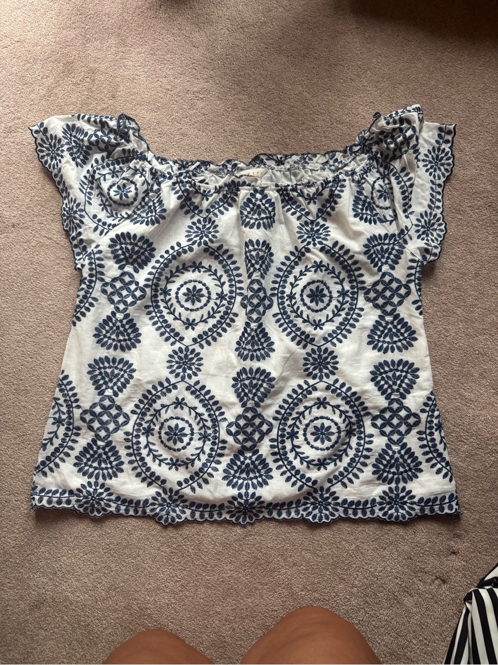 Adiva White Off-Shoulder Top with Navy Embroidery